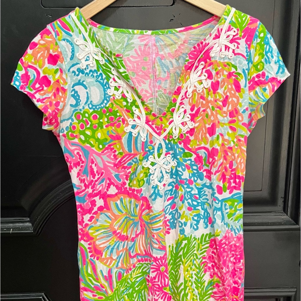 Lilly Pulitzer More Lovers Brewster Dress Cotton Short Sleeve Embroidered V Sm